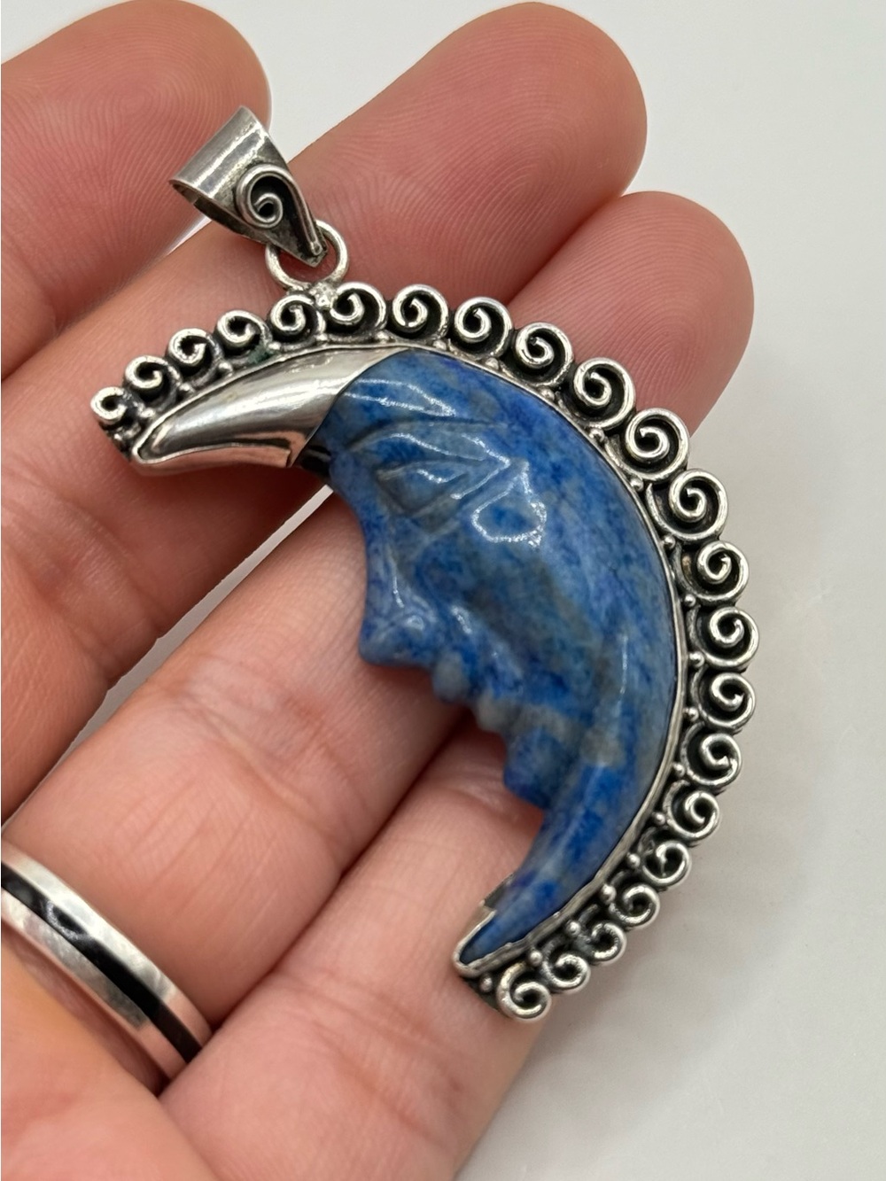 Unique Vintage Sterling Silver 925 Lapis Lazuli Man in the Moon Pendant Hand Mad